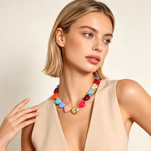 SHANTYSON Heart Choker Necklace for Women Amber Statement Puff Heart Necklace Colorful Acrylic Beaded Chokers Cute Valentine’s Jewelry Gifts (Colorful Heart) by SHANTYSON - Used condition - Image 2