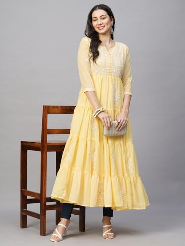 Image of RATAN Women's Solid Georgette Tiered Chikankari Flared Kurti Gown Maxi Dress