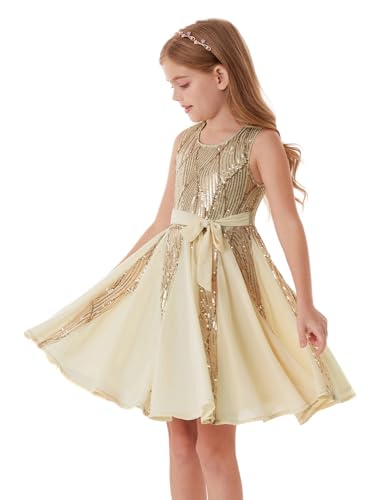 Image of GRACE KARIN Girls Sparkling Sequin Princess Dress Birthday Party Gown Summer Flower Girl Special Occasion Dress Festival Outfit Gold 7-8 Years