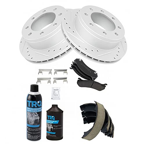 Image of TRQ Performance Rear Brake Pad & Rotor Kit Semi-Metallic Premium G-Coated Slotted X Drilled Compatible with 99-10 Chevrolet 99-09 GMC