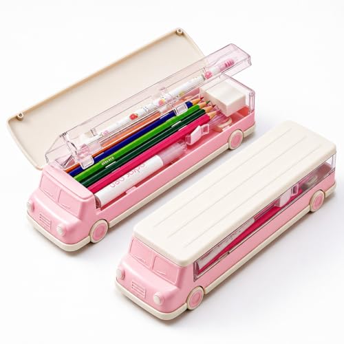 Image of KiddiBox Magnetic Pencil Box, Bus Themed Luxury Pencil Case for Kids - Stationary Organizer Pencil Box for Girls, Boys, Pencil Box for Boy & Girl, Magnetic, Return Gift for Kid Pink (Pack of 1)