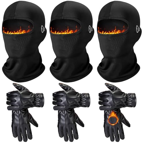 Suhine 6 Pcs Winter Balaclava Face Mask PU Leather Gloves