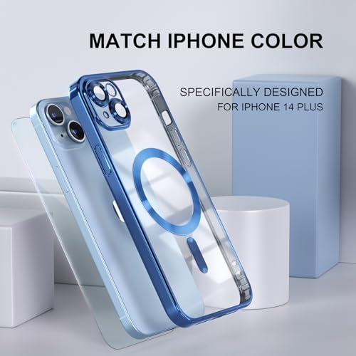 Image of Misea Magnetic for iPhone 14 Plus Case Compatible with MagSafe | [Never Yellowing] [Military Drop Protection] Full Camera Lens Protector Plating Soft Clear Phone Case for Women, Deep Blue