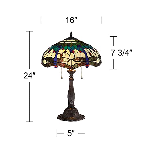 Robert Louis Tiffany Traditional Tiffany Style Table Lamp 24" High Dark Bronze Brown Tree Motif Dragonfly Antique Art Glass Shade Decor For Living Room Bedroom House Bedside Nightstand Home Office #TOP3