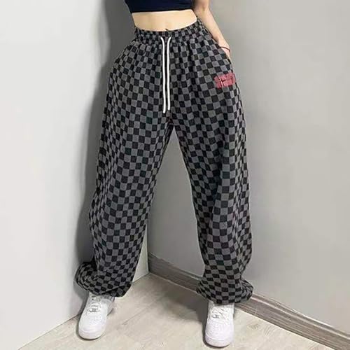 Women's Hiphop Street Dance Pants Elastic Waist Loose Wide-Leg Black/White Checkered RetroJazz Trousers2