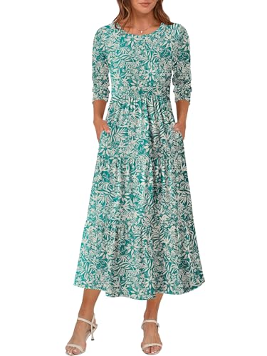 Prinbara Womens 3/4 Sleeve Casual Maxi Floral Dresses 2026 Spring Crewneck A-line Tiered Flowy Summer Boho T Shirt Long Dress Floral Green Medium