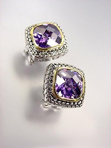 GORGEOUS Exquisite Balinese Silver Wheat Cable Purple Amethyst CZ Crystal Square Earrings