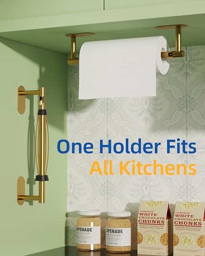 Image of RUACQ Paper Towel Holder Under Cabinet, One Hand Tearing Paper Towel Holder with Damping Effect, Wall Mount & Adhesive Stainless Steel Paper Roll Holder for Kitchen Bathroom (Brushed Gold)