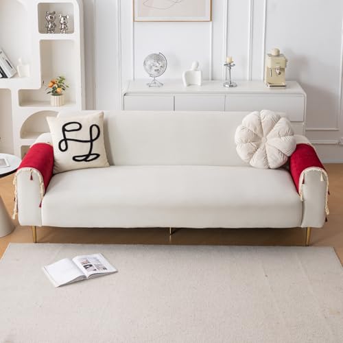 Image of HOKIPO 'Serenity Tassel' Chenille Sofa Arm Cover with Tassels - 1 Pair | Crimson Ruby (IN-893-MRN*2)