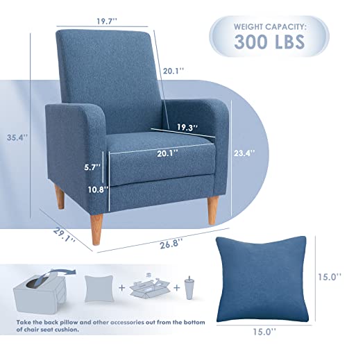 Colamy Modern Upholstered Accent Chair Armchair With Pillow, Fabric Reading Living Room Side Chair,Single Sofa With Lounge Seat And Wood Legs, Blue #TOP1