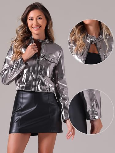 Allegra K Halloween Crop Moto Jacket for Women's Zip Up Glitter Holographic Metallic Jacket2