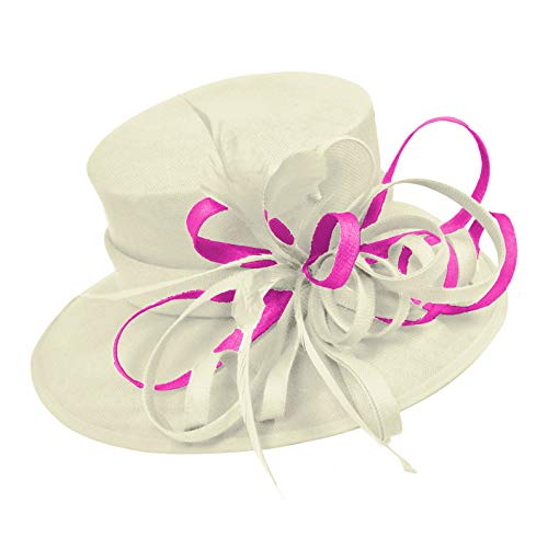 Chapeau bibi haut de gamme large bord crème et fuchsia