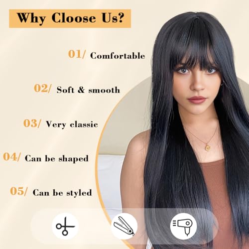 BECUS 24'' Long Black Wig for Women Long Straight Wig with Bangs Glueless Natural Synthetic Hair for Daily Wear Halloween Party Cosplay - Image 3