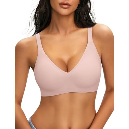 NIASOUL Women's Wireless Push Up Bra Seamless Deep V Bralette No Underwire Comfortable Supportive Bra Pink Large