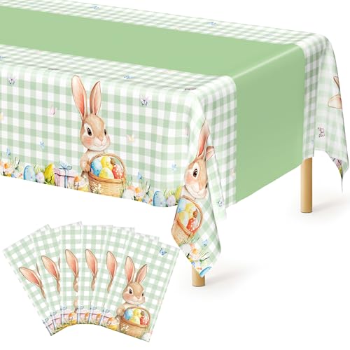 Image of 6 Pack Easter Tablecloth, 54 inch x 108 inch Disposable Easter Decorations Spring Tablecloth, Sage Green Bunny Plaid Easter Table Cloths, Rectangle Plastic Table Cover for Spring Party Decorations Supplies