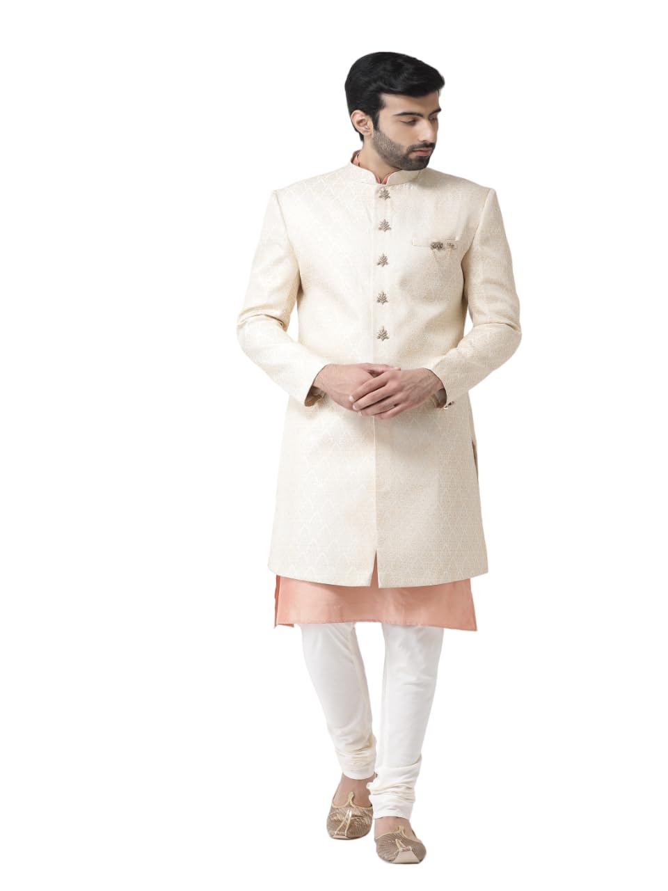 KISAH Men's Kurta Indo Western Sherwani Churidar Set, Cream Brocade, Ethnic Motifs Regular Fit Mandarin Collar Full Sleeves