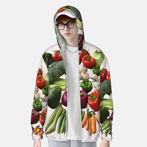 Men's Sun Protection Jacket UPF 50+ Full Zipper Long Sleeve UV Hoodie Shirt Introduction of Various Vegetables Women's Outdoor Jacket Black