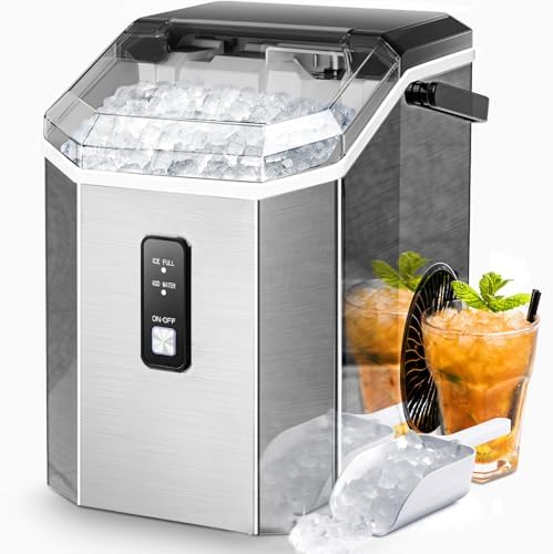 AGLUCKY Nugget Ice Maker Countertop, Portable Crushed Ice Maker Machine with Handle, 35lbs/24H, One-Click Operation, Self Cleaning Ice Machine for Home/Kitchen/Office(Stainless Steel)