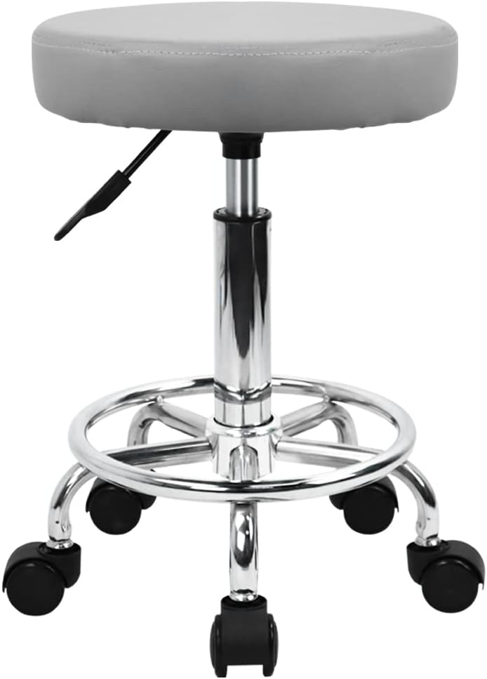 PU Leather Round Rolling Stool with Foot Rest Swivel Height Adjustment Spa Drafting Salon Tattoo Work Office Massage Stools Task Chair Small (Gray)