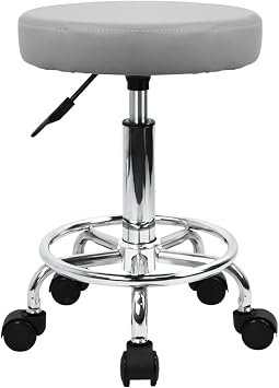 KKTONER PU Leather Round Rolling Stool with Foot Rest Swivel Height Adjustment Spa Drafting Salon Tattoo Work Office Massage Stools Task Chair Grey