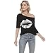 MAGICMK Women Casual Plus Size Lips Print Off Shoulder T-Shirt (2XL, Black +White)