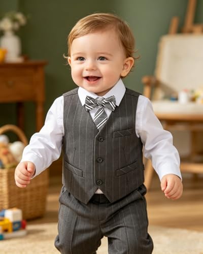 Image of Baby Boy Suits Formal Stripe Gentleman Tuxedo Suit Set Complete Dress Clothes Toddler Wedding Ring Bearer Outfit