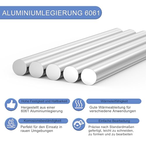 KWOKWEI 6061 Aluminium-Rundstange, 25 mm x 254 mm Aluminium Rund Alu Rundstab, Runde Massive Aluminiumstäbe für DIY Bastelmodelle, Industriemaschinen, Gartendekoration (1 Stück)