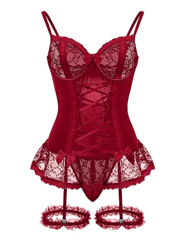 Image of Foxiny Sexy Mesh Corset Ruffle Lace Up Underwire Sheer Garter Belt Babydoll Lingerie Set With Thong 3 Piece Women