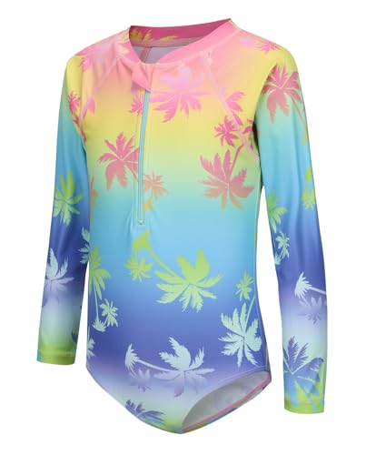 Image of Girls Long Sleeve Rash Guard One Piece Swimsuit Kids UPF 50+ Sun Protection Swimwear Rainbow Striped Bathing Suit 3-14 Years