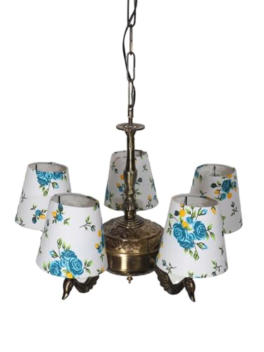 Image of Devansh 05-Light Printed Conical Multicolor Cotton Shade Chandelier - Antique Golden Finish | Adjustable Cord | Warm Glow Lamp - Ceiling Light for Living Room, Dining Area, BedroomDecor - D2