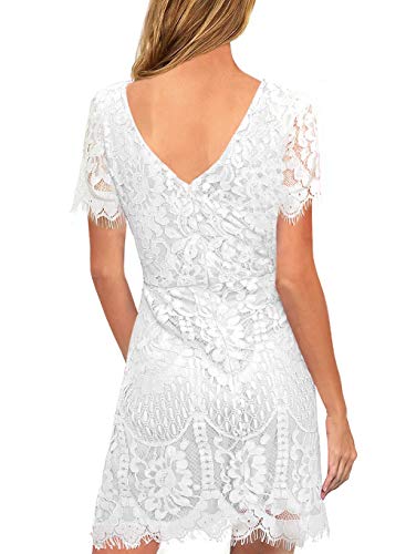 MSLG White Lace Dress for Women Confirmation Summer Casual Party Lovely Fluttering Short Sleeve Cocktail Wedding Guest Dress 910 (XL, White) - Thumbnail 6