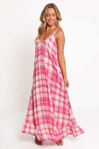 Image of LASPIA Spaghetti Strap Dresses for Women Plaid V Neck Maxi Sundress Beach Long Dress with Pockets