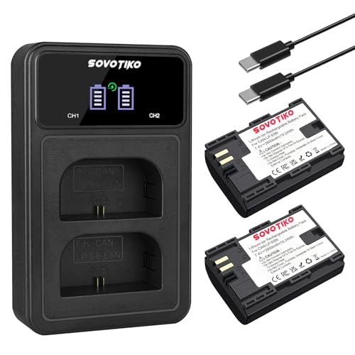 SOVOTIKO LP-E6N 2600mAh Battery 2-Pack and Dual Slot Charger for Canon EOS R, R5, R6, Ra, XC10, XC15, 5D Mark II/III/IV, 5DS, 5DS R, 6D, 6D Mark II, 7D, 7D Mark II, 70D, 80D, 90D, BMPCC4K/6K Camera