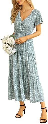 Womens Ruffled Floral Maxi Dress Summer Flutter Sleeve Boho Tiered Dress Wrap V Neck Pretty Aline Wear to Work Office Leopard Print Wedding Guest Midi Pleated Peasant Dress Light Sage Green Small
