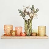Votive Candle Holders Set with Wooden Tray - 8 Piece Rustic Colored Glass Candlestick & Solid Wood Centerpiece Decor for Mantel, Dining Table, Farmhouse Wedding Decor