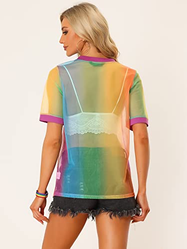 Allegra K Women's Rainbow Mesh T-Shirt Cover Up Party Short Sleeve See Through Sheer Tops4