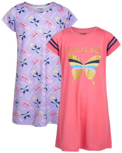 Bebe Girls' Pajamas - 2 Pack Short Sleeve Sleep Shirt Nightgown (Size: 5-16), Size 7/8, Pink/Lavender/Butterflies #TOP8