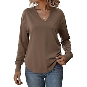 Totatuit Sweatshirts for Women V Neck Long Sleeve Shirts Loose Lightweight Curved Hem Casual Pullover Tops 2025 Fall Coffee Large