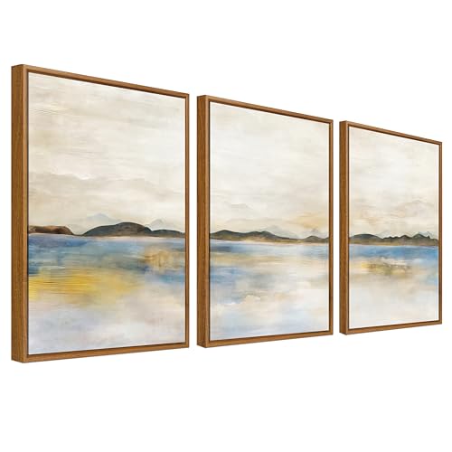 Lote de 3 Enmarcado Cuadro Moderno Acuarela Amarillo Azul Gris Pastel Cuadro Decoracion Paisaje Neutro Montaña Pintura Imagen Póster Lago Abstracto Cuadros Decorativos Salon Dormitorio 30cmx40cm x3pcs
