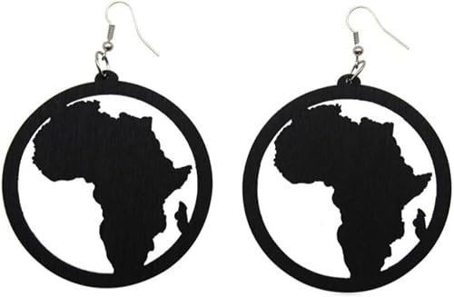 African Continent Silhouette Dangle Earrings, Black, 6cm Round