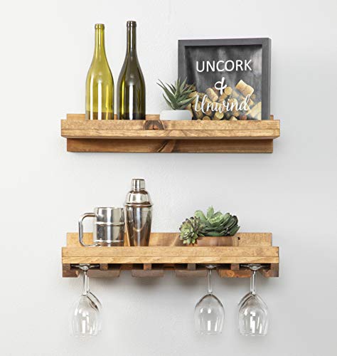 Del Hutson Designs Rustic Real Wood Wall Mounted Wine Bottle Rack Stemware Hanger Set Farmhouse Kitchen Dining Walnut 24 Inch  2 FT