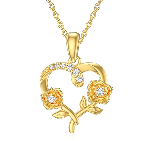 YDD 9ct Gold Heart Necklace for Women Rose Flower Pendant Necklace Real Gold Christmas/Mothers Day/Valentines Day Gift for Ladies Her 16+1+1 inch (Style 2)