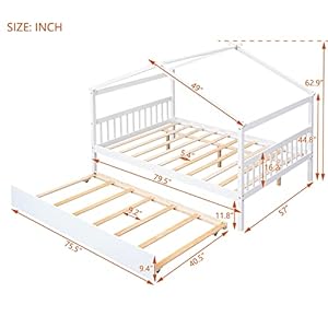 Full Size Wooden House Bed with Twin Size Trundle, White Full Size Wooden House Bed with Twin Size Trundle White