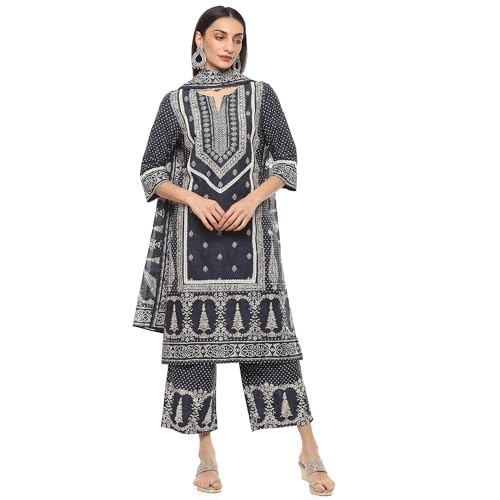 Image of BIBA Women Cotton Straight Printed Suit Set