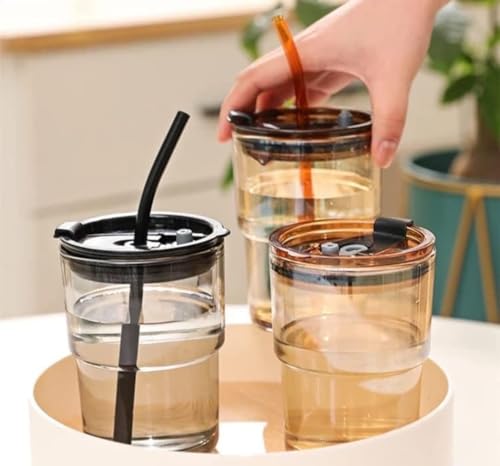 Image of 400ml Glass Sipper Mug with Leather Grip Sleeve - Leak-Proof Lid & Straw | Reusable Tumbler for Hot & Cold Beverages, Water, Juice, Coffee | Home, Bar, Office Use (Small Brown Lather Mug)