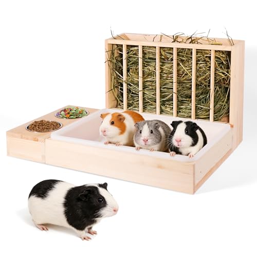 3 in 1 Wooden Guinea Pig Hay Feeder Mess Proof with Litter Box for Guinea Pig Chinchillas and Other Small Animals