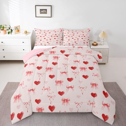 Image of Erosebridal Coquette Bow Full Comforter Set Love Heart Bedding Set for Kids Girls Ribbons Pink Valentine Bed Set Bowknot Bow Tie Princess Quilt Duvet