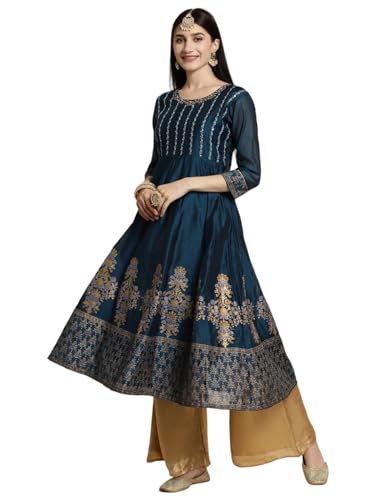 Image of rangita Women's Chanderi Relaxed Fit Anarkali Calf Length Embroidered Kurti | Kurta