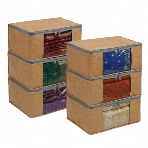 Image of Lukzer Non-Woven Leather Printed Saree Covers for Storage with Transparent Window & Zip - Large Set of 06 | Cloth Storage /Wardrobe Organizer for Woman Clothes /Lehengas /Dresses 45x33x20CM - (LSC-03-06)