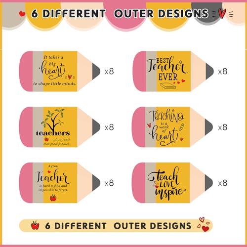 Spakon 48 Sets Teacher Appreciation Cards with Envelope and Sticker Pencil Shape Card Thank You Card Bulk Inspirational Quotes Card Teacher Thank You Note Teacher Appreciation Gift